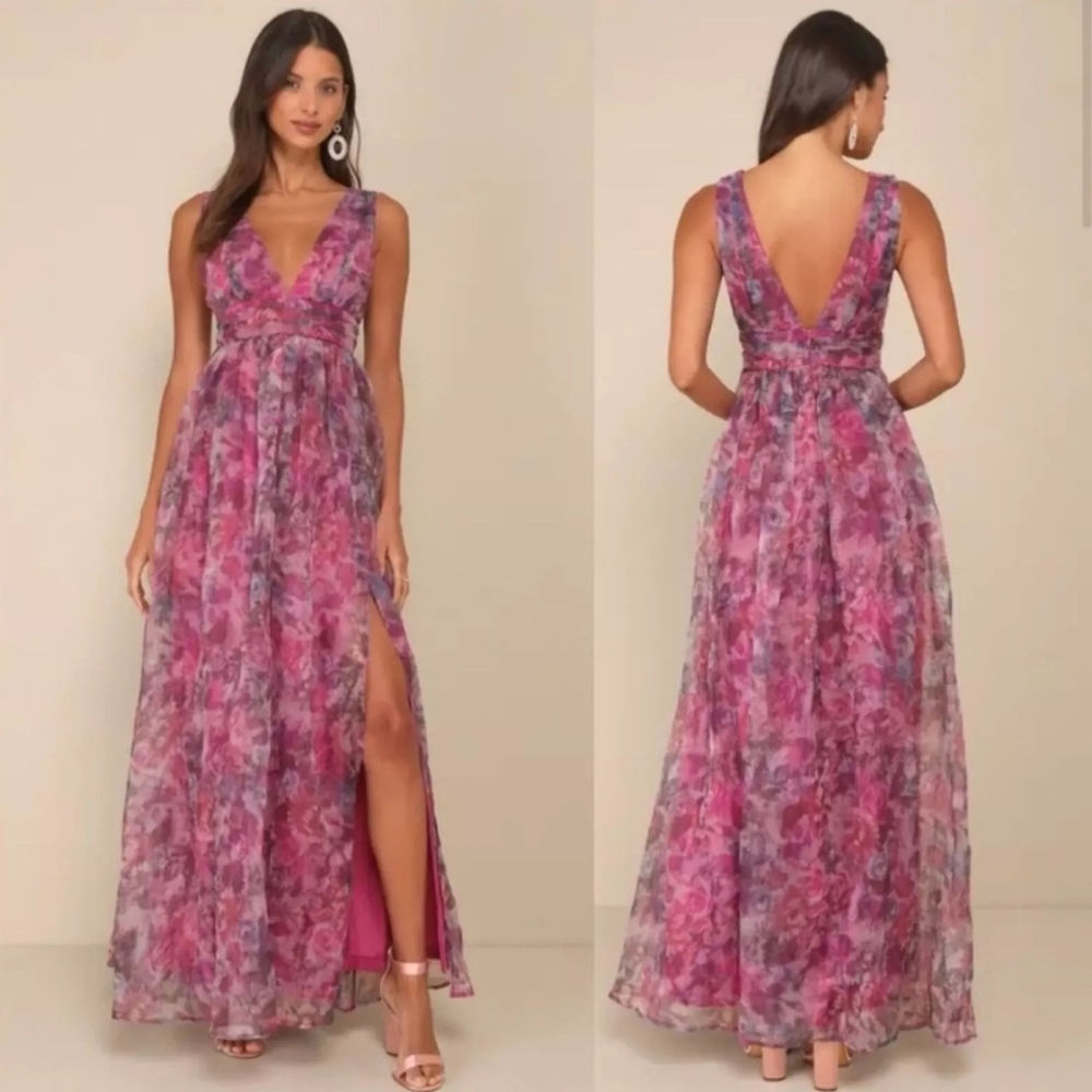 Lulus Garden Romance Magenta Floral Print Organza Maxi Dress Size L & XS NWT